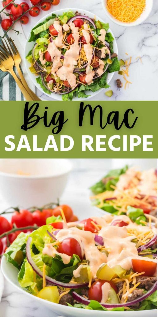 Big Mac Salad Recipe is topped with the familiar Big Mac Sauce but without the carbs. The combination of the ingredients make the best salad. This easy Big Mac salad is a great keto and low carb recipe, so you can still enjoy all the flavors of a Big Mac even if you’re on a diet! #eatingonadime #bigmac #saladrecipes #ketorecipes #lowcarbrecipes 

