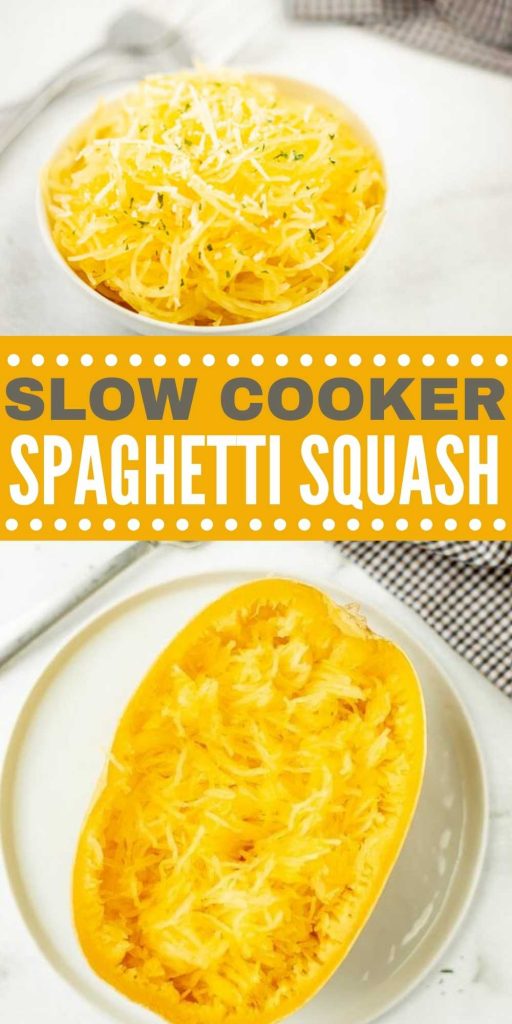 This is how you cook a spaghetti squash in a crock pot.  Once you make slow cooker spaghetti squash, you will never bake it in the oven again. This is one of the easiest healthy recipes that the entire family will love! #eatingonadime #crockpotrecipes #slowcookerrecipes #spaghettisquash 
