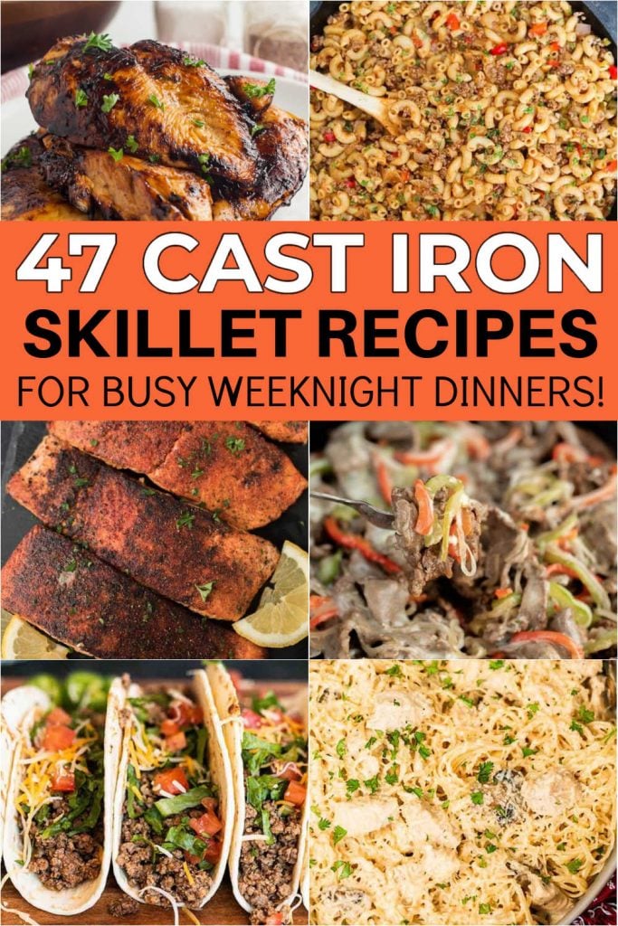 The Best Cast Iron Skillet recipes perfect for busy weeknights that your entire family will love. Try these 47 easy skillet recipes sure to impress the entire family. You will love these easy skillet recipes that include healthy, beef, chicken, pasta and dessert options too.  #eatingonadime #castiron #skillet #skilletrecipes 
