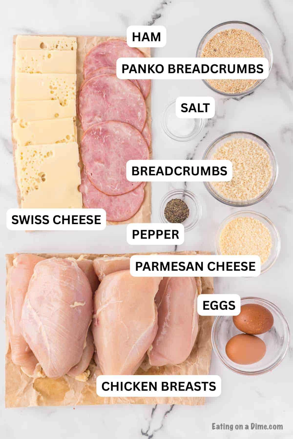Ingredients needed for recipe: chicken breasts, slice of ham, swiss cheese, salt and pepper, bread crumbs, panko bread crumbs, parmesan cheese, eggs.