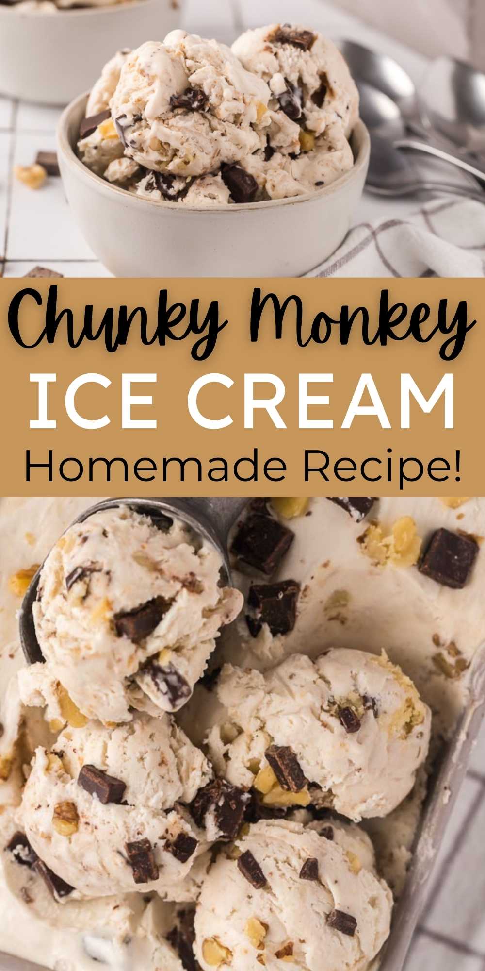 Homemade Chunky Monkey Ice Cream Recipe is loaded with bananas, walnuts, and chunks of chocolate. Easy to make with simple ingredients. These homemade no churn chunky monkey ice cream recipe is easy to make and tastes just like Ben and Jerry’s! #eatingonadime #icecreamrecipes #dessertrecipes #copycatrecipes 
