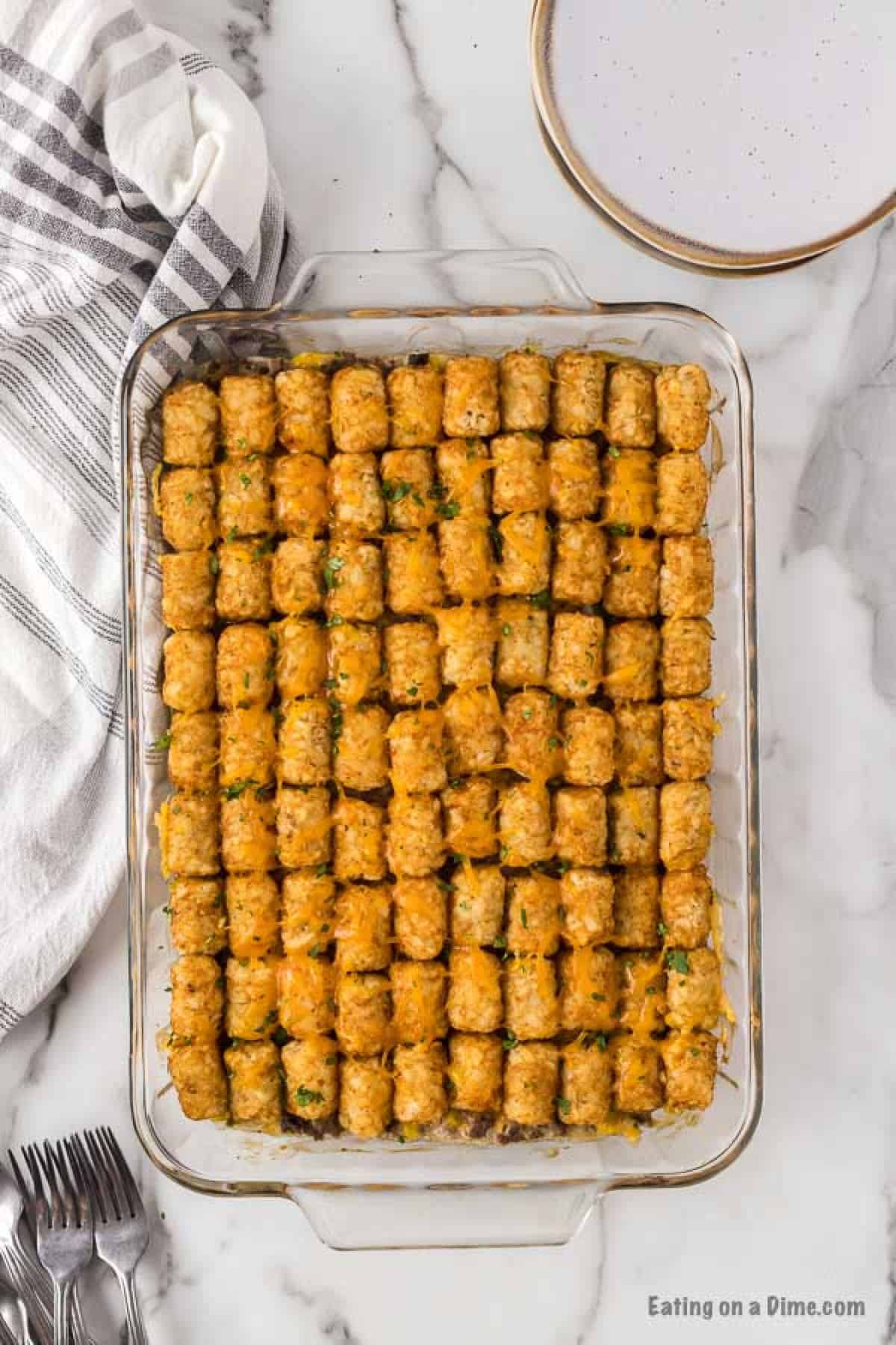Close up image of cowboy casserole in a baking dish. 