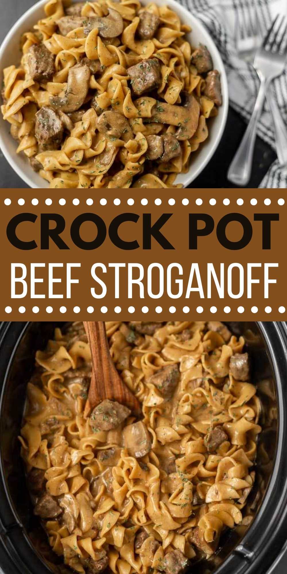 Try Easy Crock Pot Beef Stroganoff Recipe for an easy weeknight comfort meal. The meat is so tender and the cream sauce so flavorful. This slow cooker beef stroganoff with stew meat is super easy to make in a crock pot and the entire family loves it.  #eatingonadime #crockpotrecipes #slowcookerrecipes #beefrecipes 