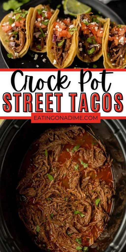 Crock Pot Street Tacos Recipe will be a hit with your entire family. Learn how to make Carne Asada Street Tacos for a quick meal. You will love this easy crock pot beef recipe that the entire family will love! #eatingonadime #crockpotrecipes #slowcookerrecipes #beefrecipes #Mexicanrecipes 
