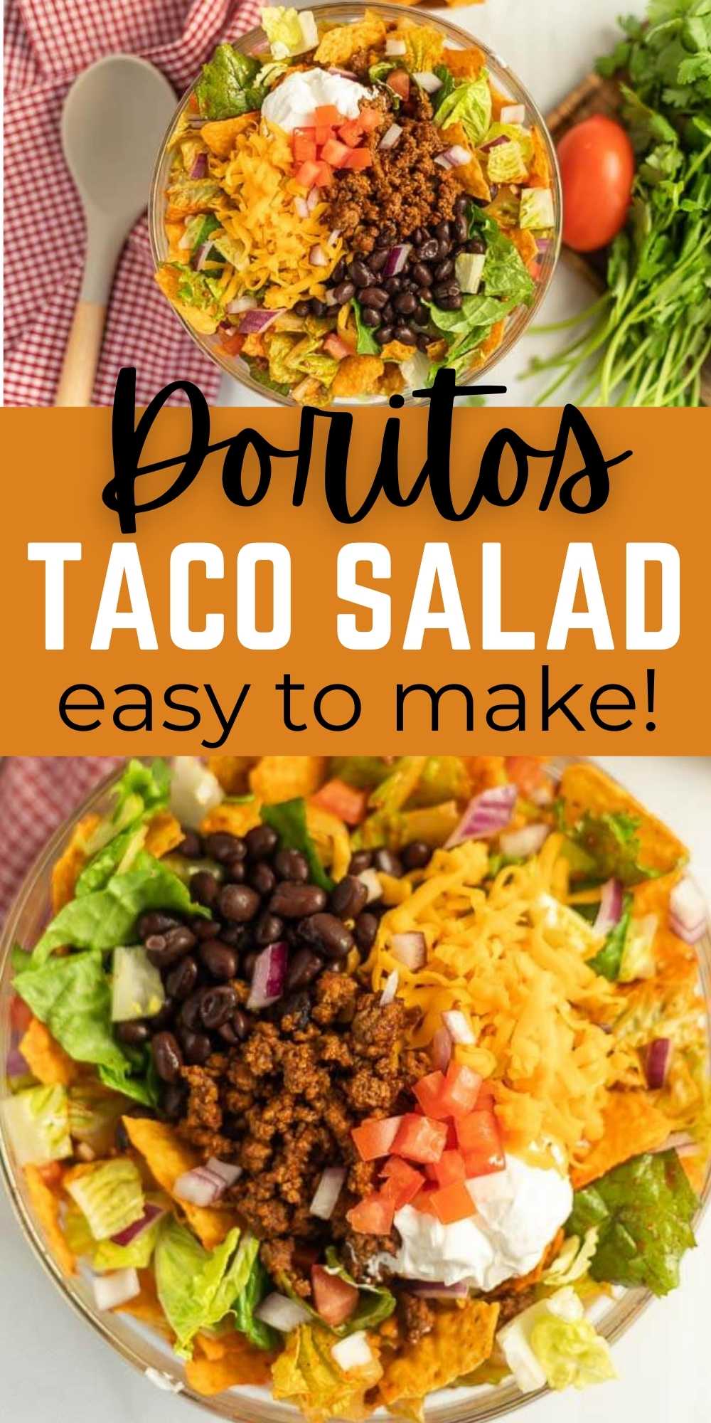 Doritos Taco Salad is a family favorite recipe. It is loaded with ground beef, taco seasoning, Doritos and tossed with Catalina Dressing. You will love this easy to make and delicious Doritos Taco Salad recipe.  #eatingonadime #beefrecipes #tacosalads #doritosrecipes #familydinners 
