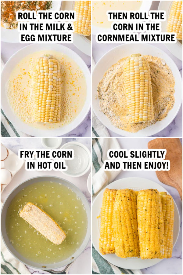 The process of rolling the corn on the cob in the batter and frying it. 