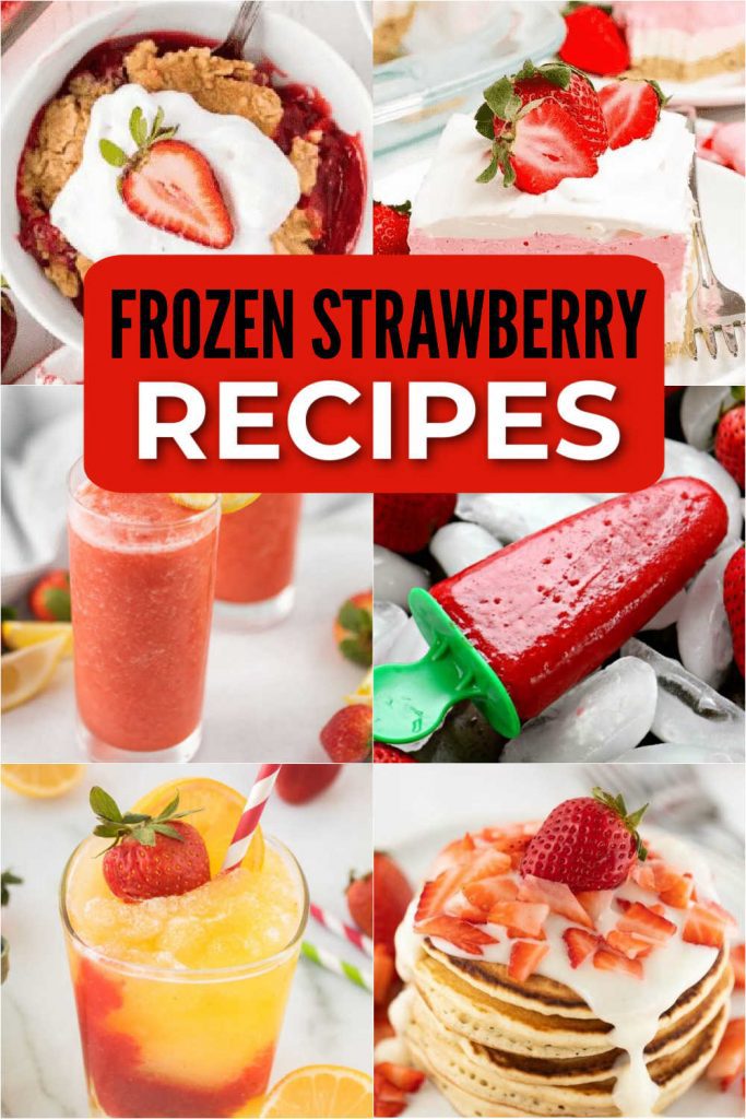 Enjoy these delicious and refreshing Frozen Strawberry Recipes. 17 strawberry recipes that include smoothies, popsicles, cake and more. You will love this variety of easy desserts, smoothies and some even healthy recipes. #eatingonadime #strawberryrecipes #strawberries  

