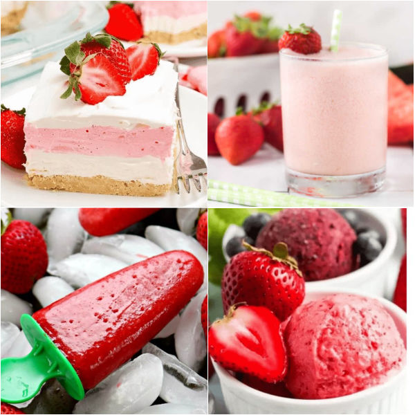 Enjoy these amazing and refreshing Frozen Strawberry Recipes. 17 strawberry recipes that include smoothies, popsicles, cake and more. You will love this variety of easy desserts, smoothies and some even healthy recipes. #eatingonadime #strawberryrecipes #strawberries  
