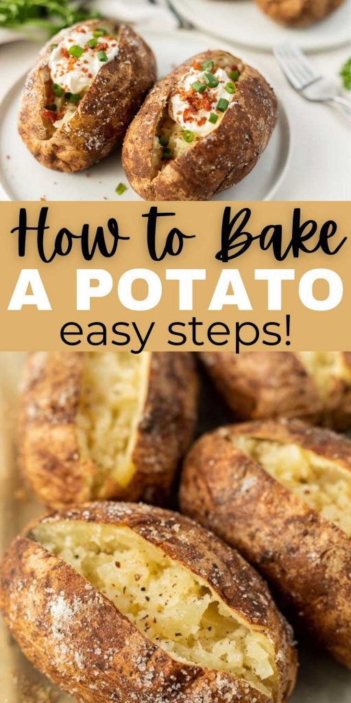 Learn How to Bake a Potato so that it is has a crispy texture and soft on the inside. Easy steps to make the best steaming hot bake potato. Learn the best way to bake a potato in the oven without foil and have them come out perfect every time!  #eatingonadime #bakedpotatoes #potatoes #sidedishes
