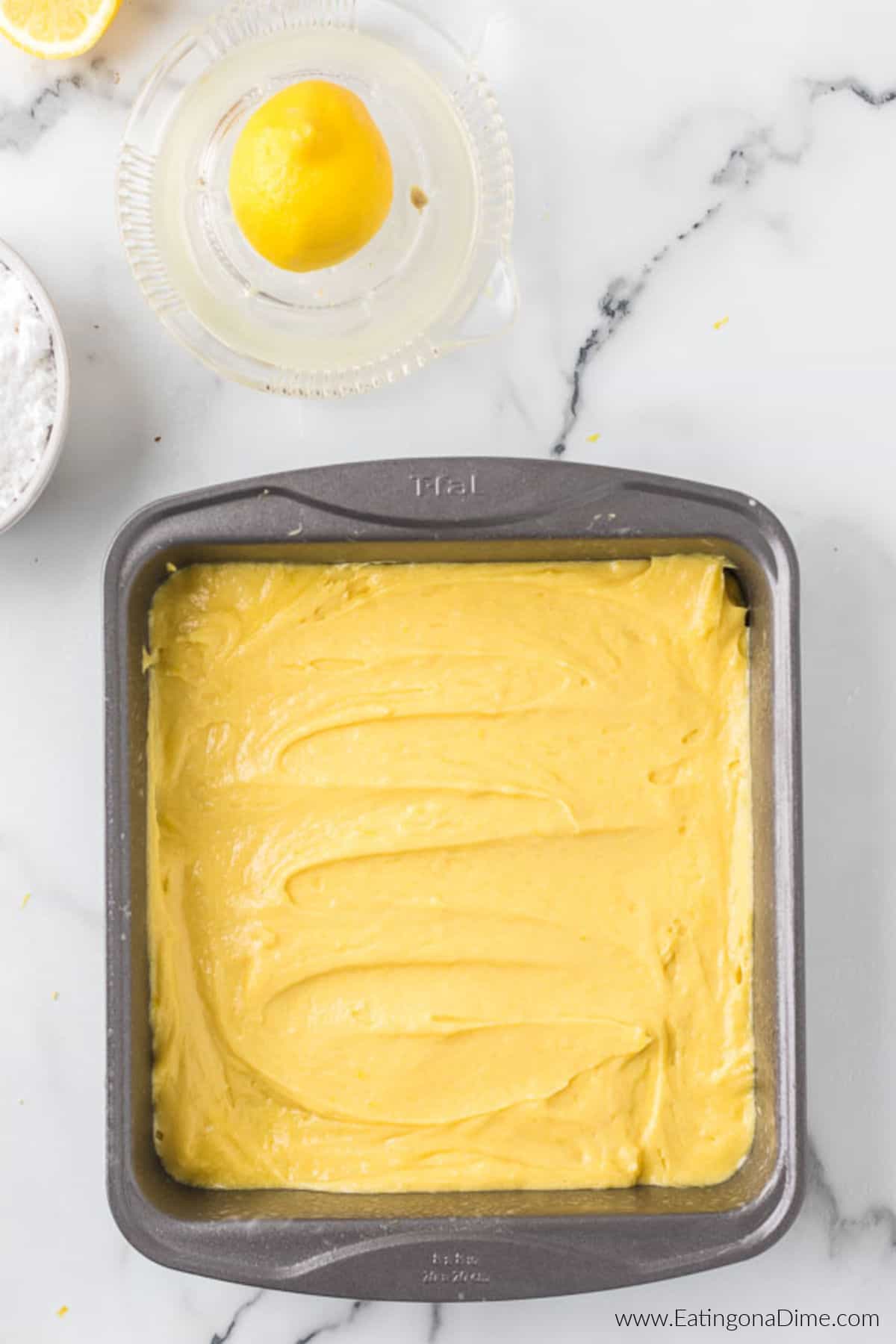 Batter in a baking dish ready to bake.