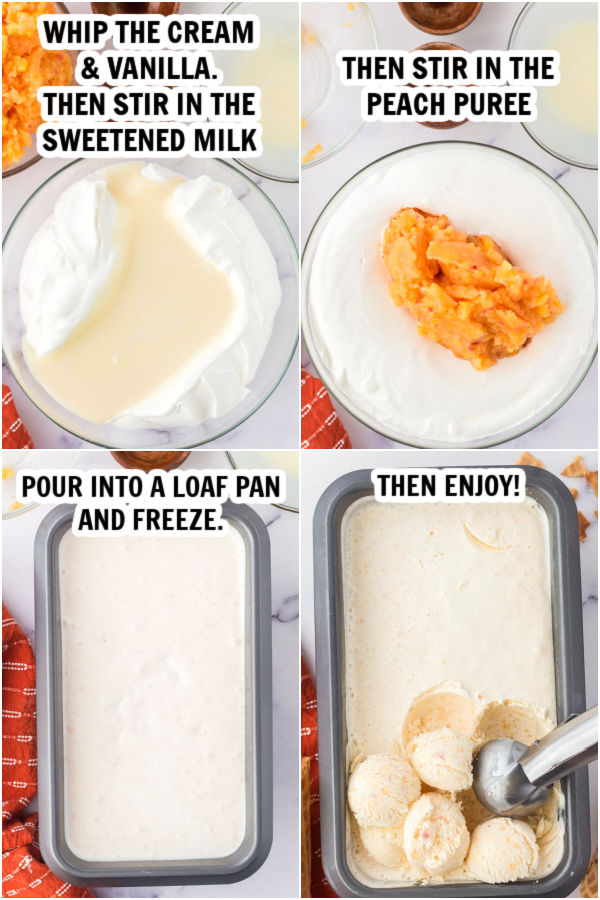 The process of making homemade peach ice cream. 