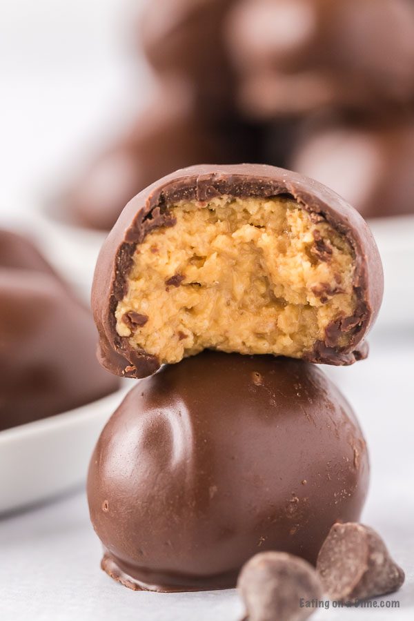 Chocolate Peanut Butter Balls with Rice Krispies stacked