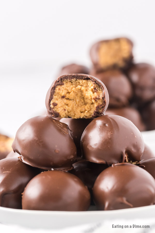 Chocolate Peanut Butter Balls with Rice Krispies stacked