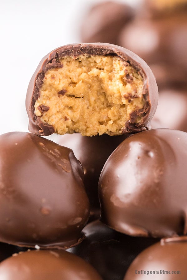 Chocolate Peanut Butter Balls with Rice Krispies stacked