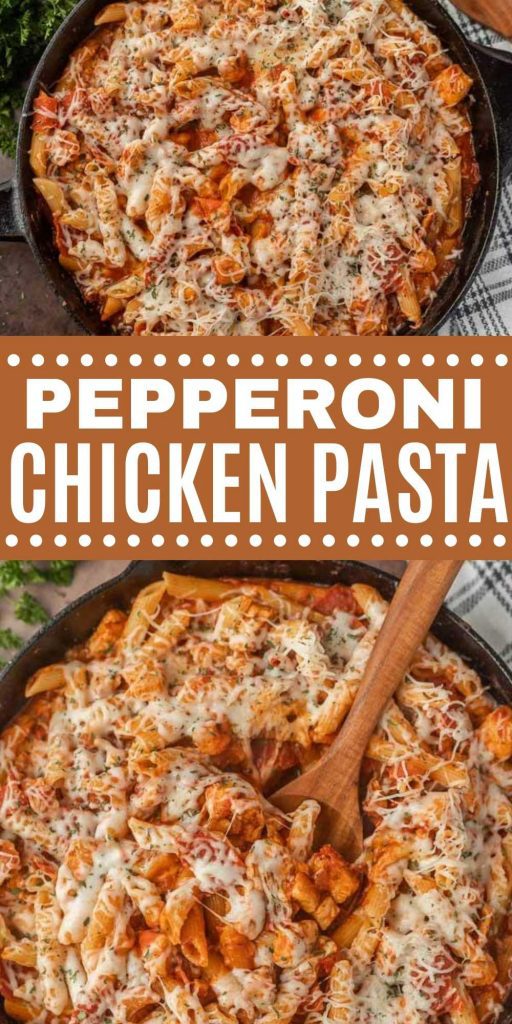 Pepperoni Chicken Pasta Recipe is quick and easy. It is the perfect meal for busy nights. Your family will love Chicken Pepperoni Pasta! #eatingonadime #chickenrecipes #skilletrecipes #pepperonirecipes 
