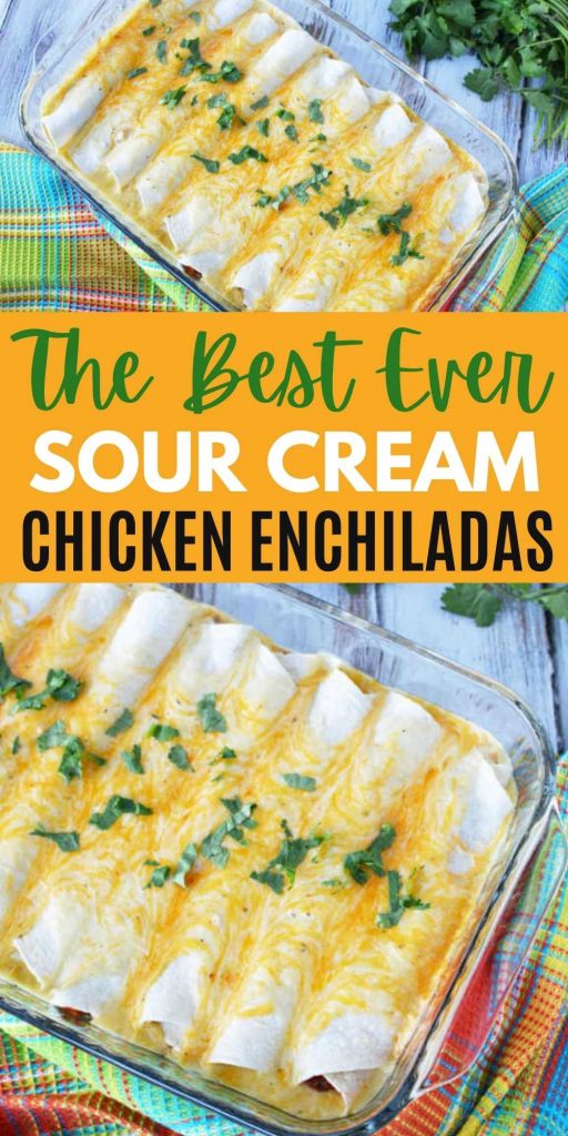 We have the easiest Sour Cream Chicken Enchiladas Recipe packed with chicken, cheese and sour cream sauce. These are the best Sour Cream Chicken Enchiladas. Your entire family will love this easy creamy chicken enchilada recipe that is simple to make at home.  #eatingonadime #chickenrecipes #enchiladarecipes #mexicanrecipes #easydinners 
