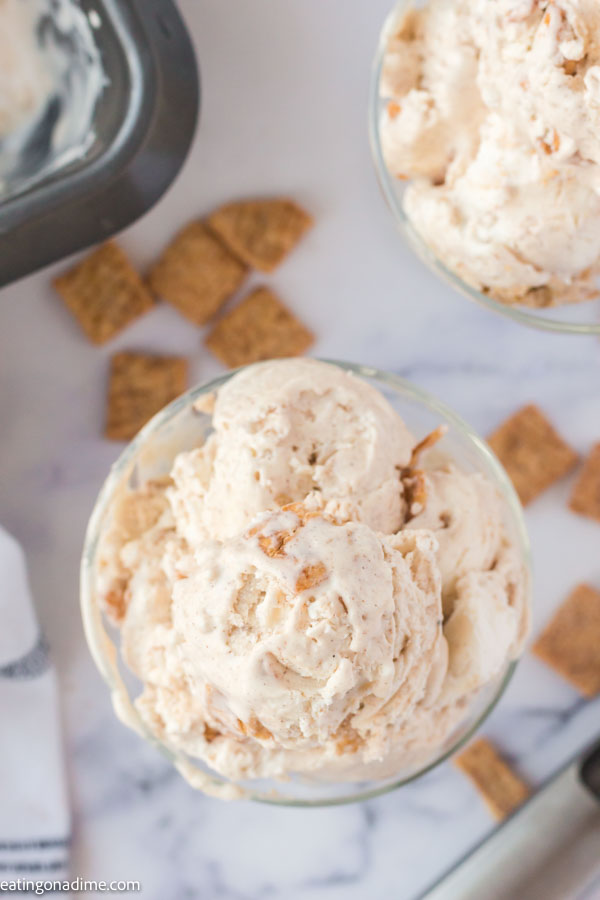 Cinnamon Toast Crunch Cereal in a ice cream bowl. 