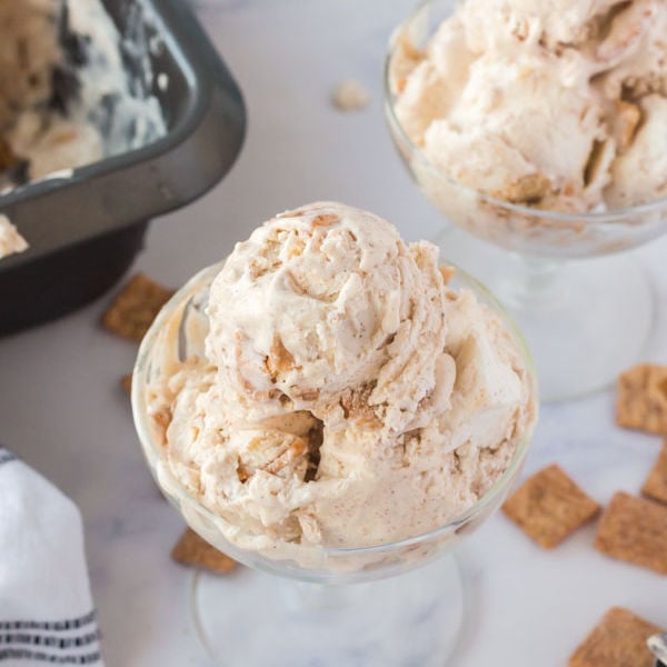 Cinnamon Toast Crunch Cereal in a ice cream bowl. 