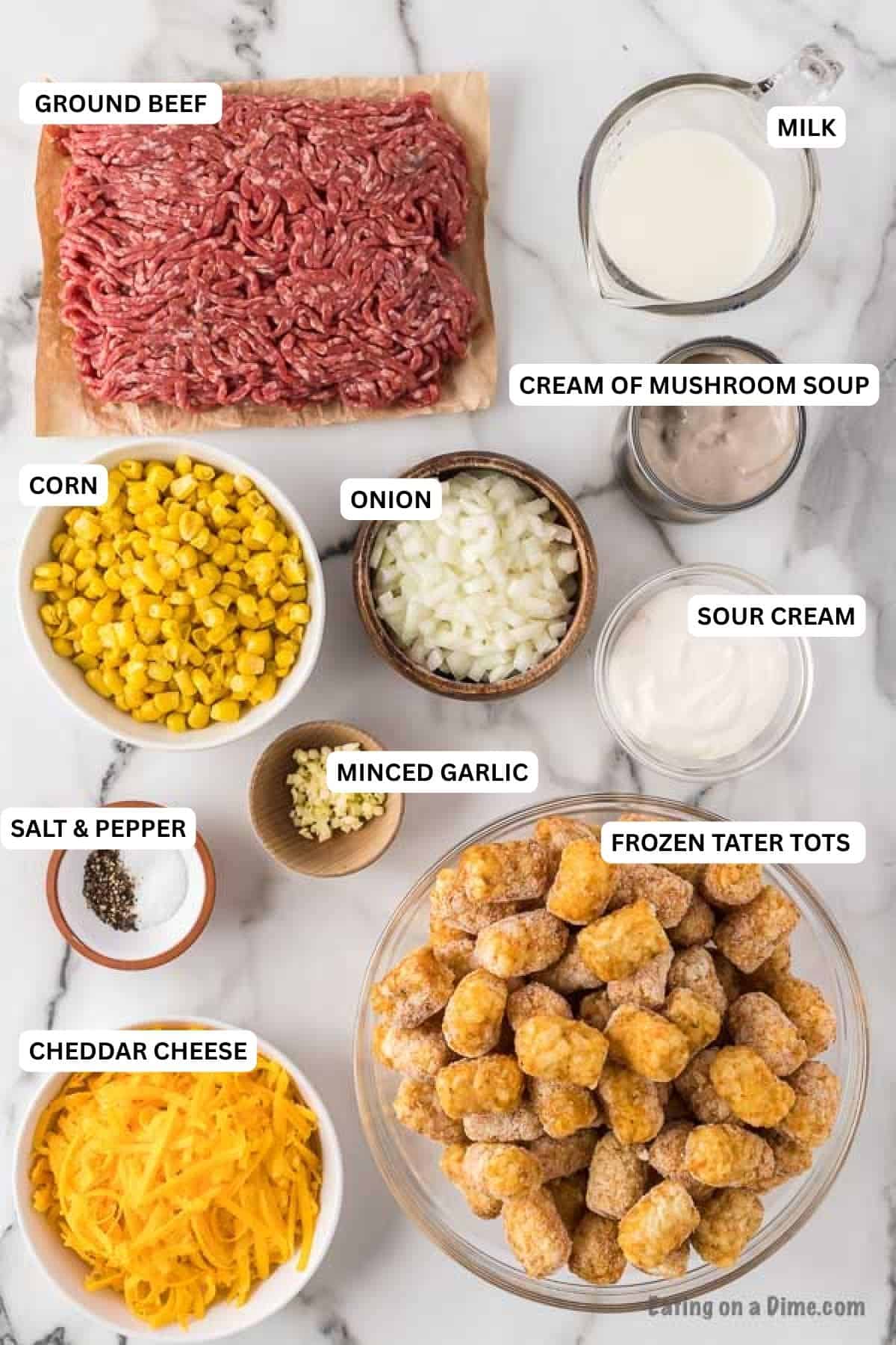 Ingredients for recipe: ground beef, milk, cream of mushroom soup, corn, onion, sour cream, minced garlic, salt, pepper and tater tots.