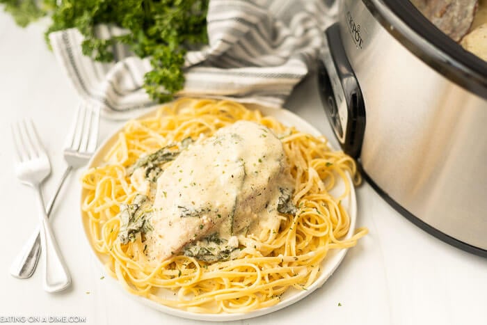 Crock pot creamy parmesan chicken over pasta. 