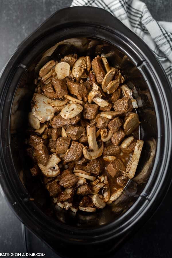 Beef and mushrooms cooked in the crock pot. 