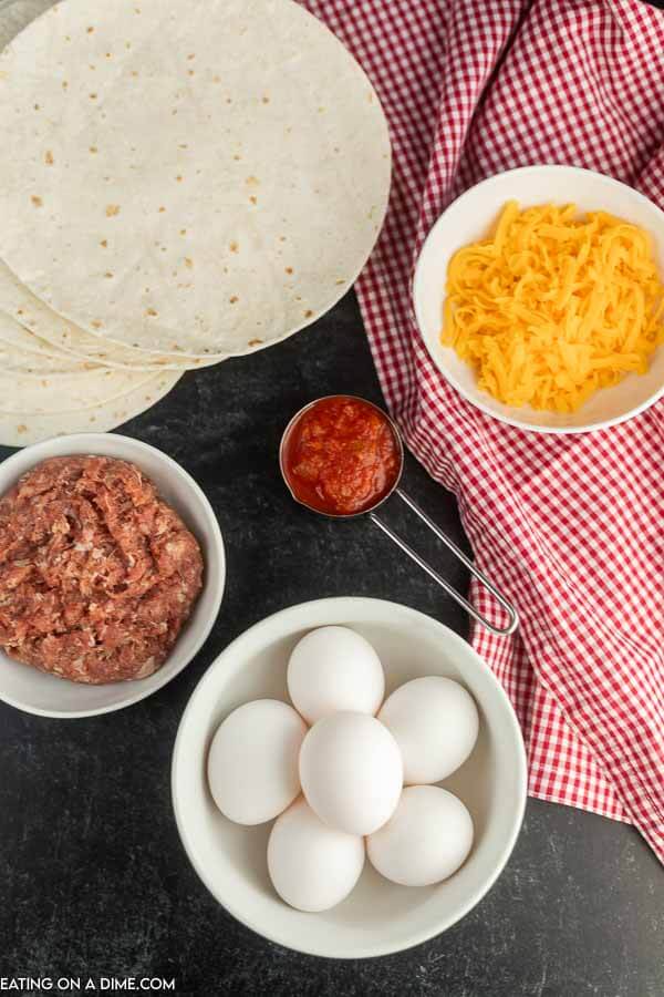Ingredients needed - eggs, flour tortillas, sausage, cheese, salsa