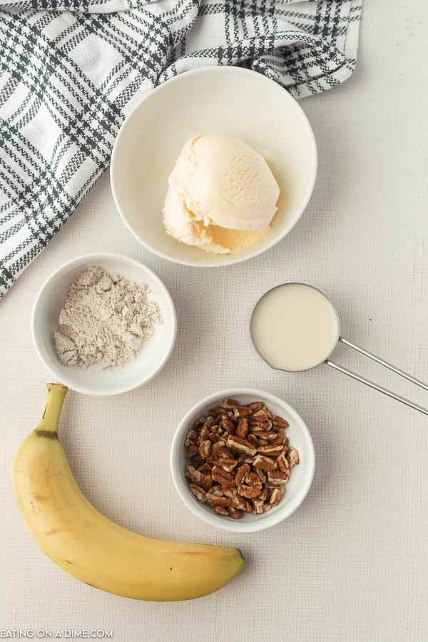 Ingredients needed - pecans, soy milk, banana, protein powder, vanilla ice cream