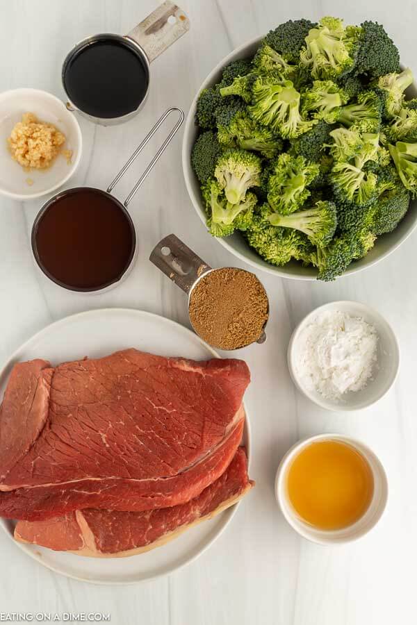 Ingredients needed - round steak, beef broth, soy sauce, minced garlic, brown sugar, sesame oil, cornstarch, cold water, broccoli, sesame seeds