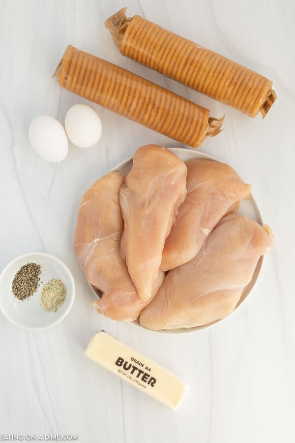 Ingredients needed - chicken breast, eggs, ritz crackers, butter, garlic salt pepper