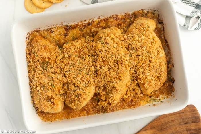 Ritz Cracker Chicken on a baking dish