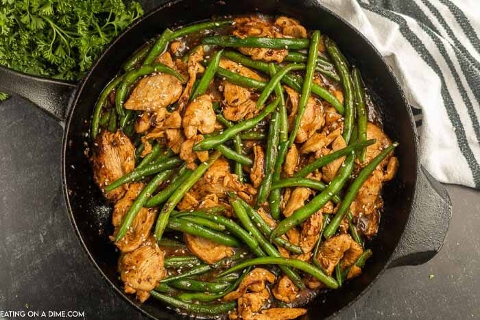 String Bean Chicken in a cast iron skillet