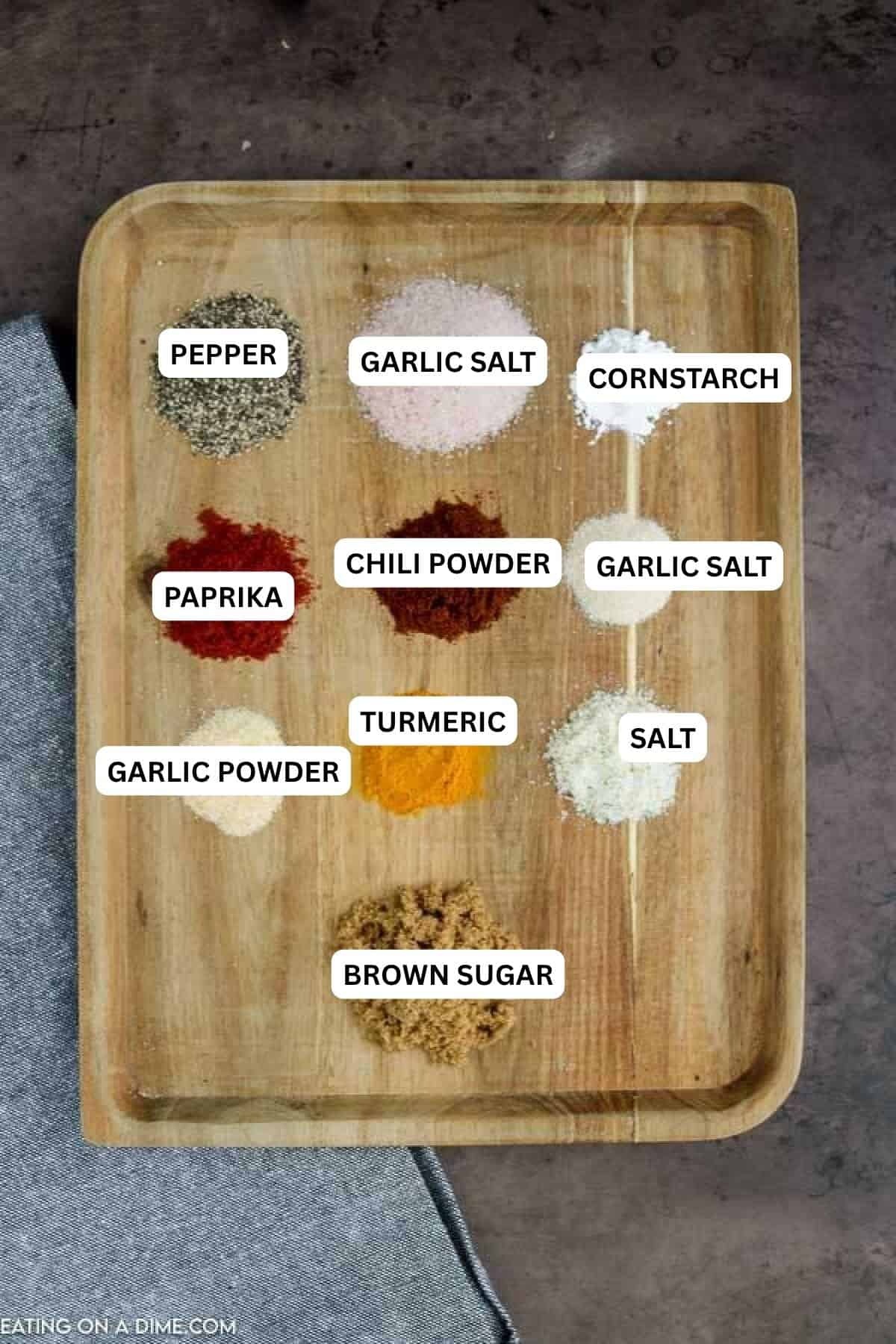 Ingredients for recipe: pepper, garlic salt, cornstarch, paprika, chili powder, garlic salt, garlic powder, turmeric, salt and brown sugar.