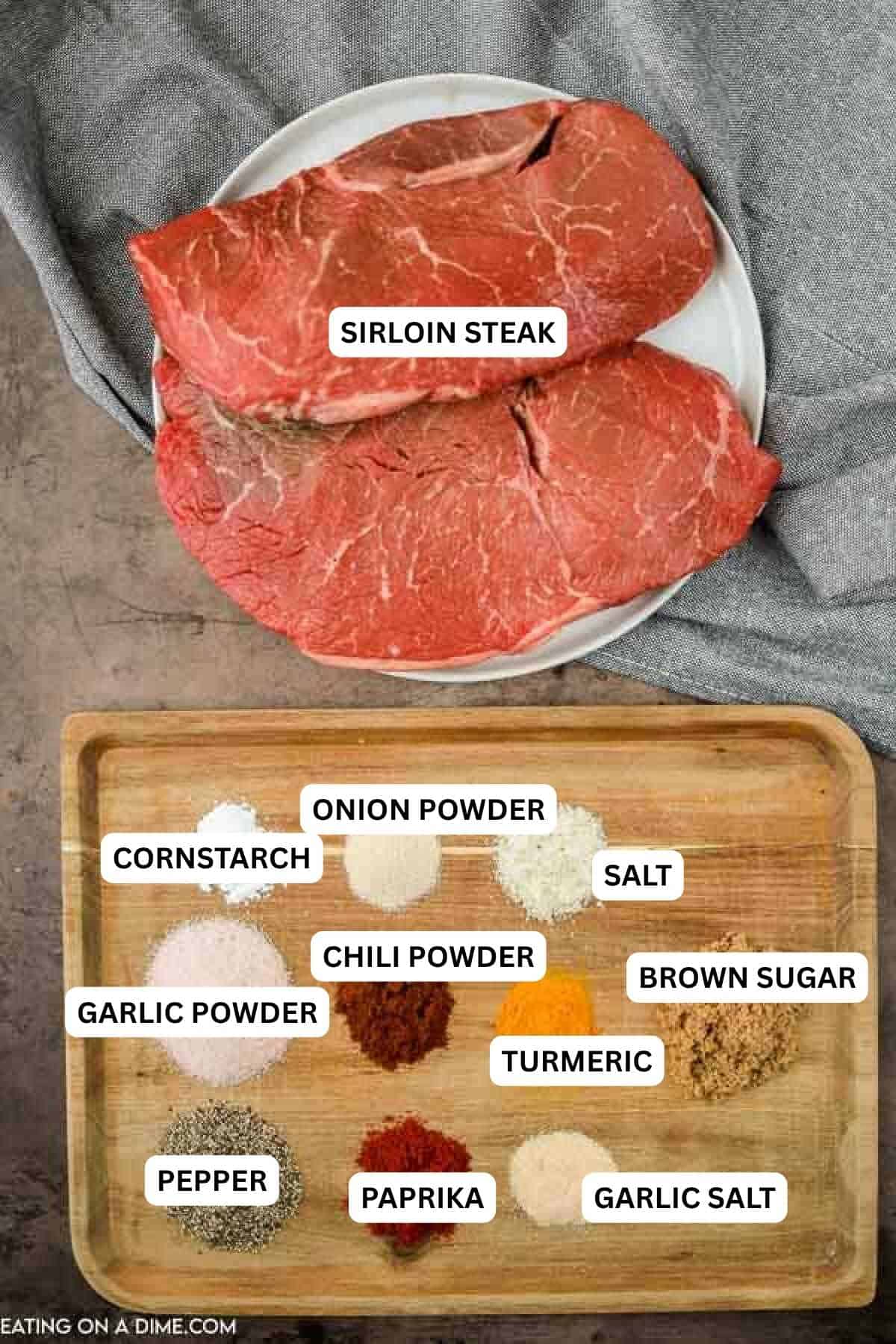 Ingredients for recipe: sirloin steak, onion powder, cornstarch, salt, chili powder, brown sugar, garlic powder, turmeric, pepper, paprika and garlic salt.