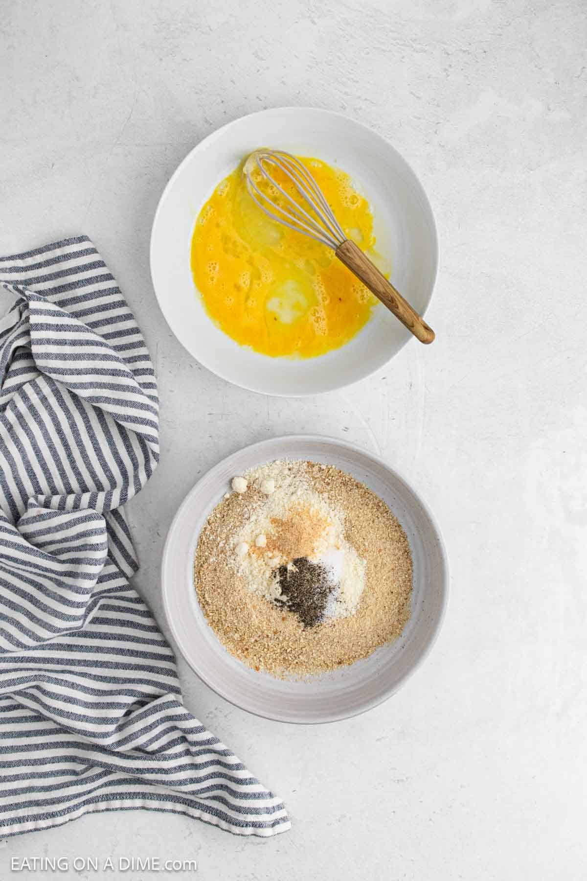 Bowls of egg mixture and breadcrumb mixture.