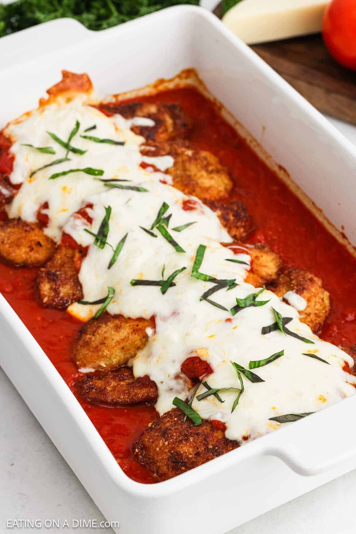 Crispy chicken baked in a marinara sauce topped with melted cheese.