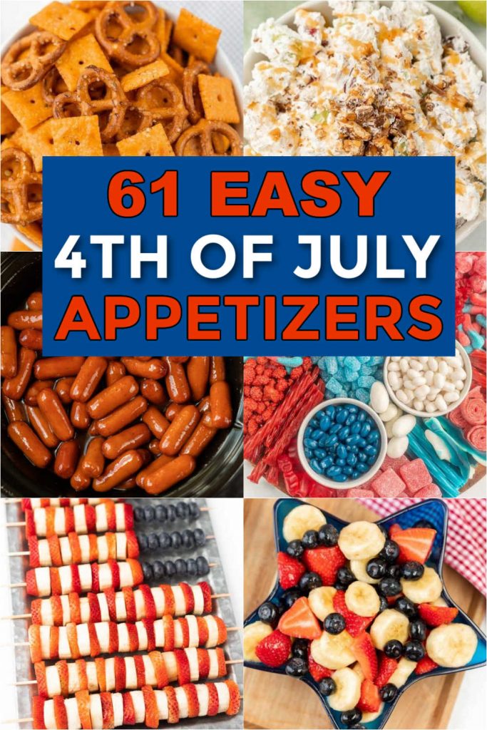 Everyone will love these 4th of July appetizers. Whether you're hosting a crowd or staying at home, try 61 easy Appetizers for the 4th of July. These finger foods are the best and quick and easy to make too.  You will love these healthy, savory and dessert ideas. #eatingonadime #appetizerrecipes #4thofJuly #partyfood 
