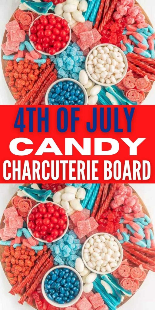 4th of July Candy Charcuterie Board is so festive. This red white and blue charcuterie board is packed with lots of patriotic treats to enjoy. This red white and blue candy charcuterie board is easy to make and perfect for 4th of July. #eatingonadime #charcuterieboards #redwhiteandbluedesserts #4thofjulydesserts #candyrecipes 
