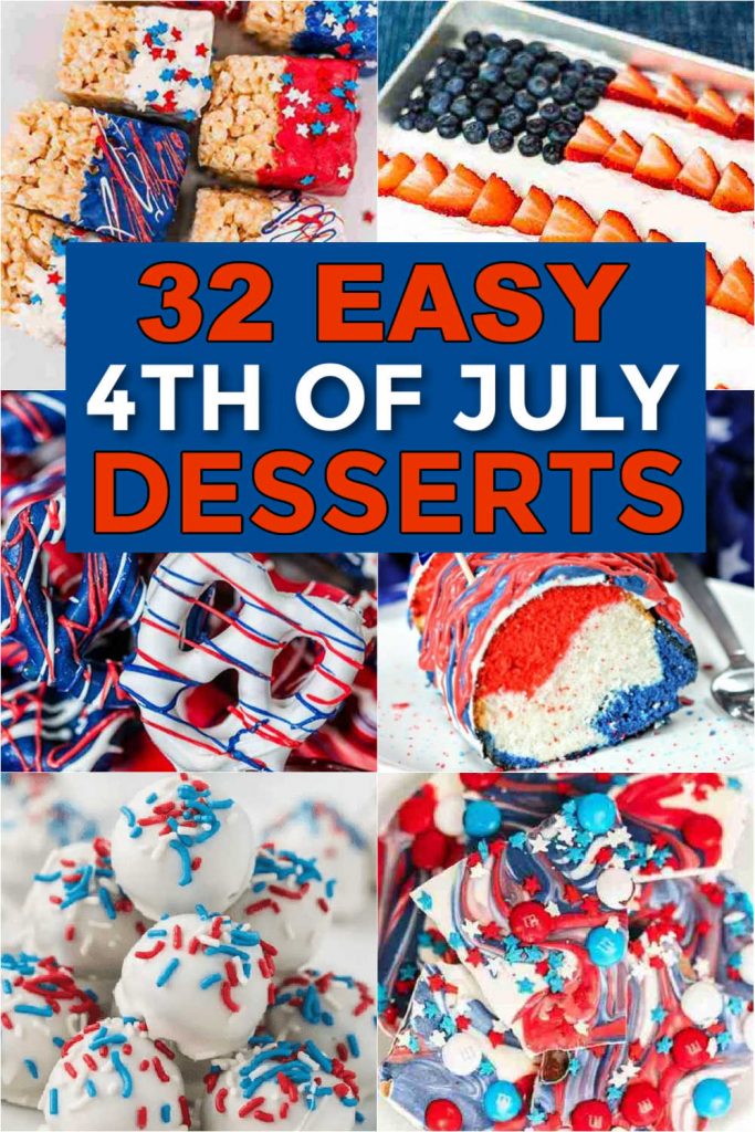 Easy 4th of July Desserts that are perfect for a crowd. Try 32 red white and blue desserts sure to impress. You will love ideas that include healthy recipes, no bake recipes, cake recipes and great recipes for kids. #eatingonadime #4thofjulydesserts #easydesserts #redwhiteandbluedesserts #patrioticdesserts 

