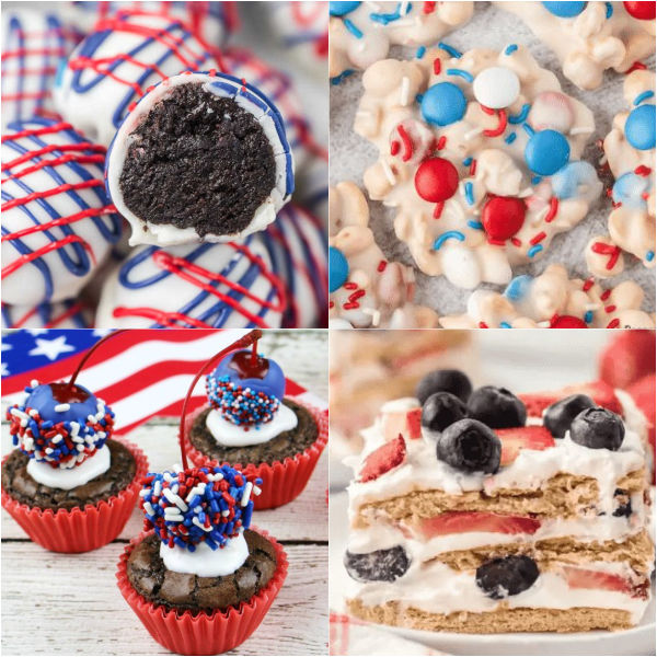 Easy 4th of July Desserts that are perfect for a crowd. Try this amazing 32 red white and blue desserts sure to impress. You will love ideas that include healthy recipes, no bake recipes, cake recipes and great recipes for kids. #eatingonadime #4thofjulydesserts #easydesserts #redwhiteandbluedesserts #patrioticdesserts 
