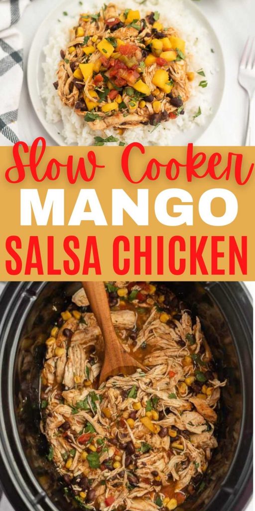 Crock Pot Mango Salsa Chicken is an amazing flavor packed meal. The mango salsa blends perfectly with the chicken for the best sweet and spicy flavor. You will love this easy and delicious slow cooker chicken recipe.  #eatingonadime #crockpotrecipes #slowcookerrecipes #chickenrecipes 
