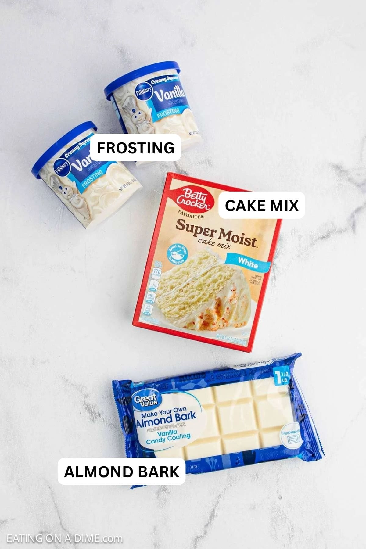 Ingredients needed for this recipe includes cake mix, almond bark and frosting.