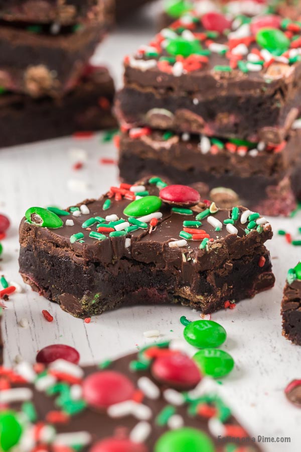 Christmas brownies decorated with red and green sprinkles and Christmas M&M