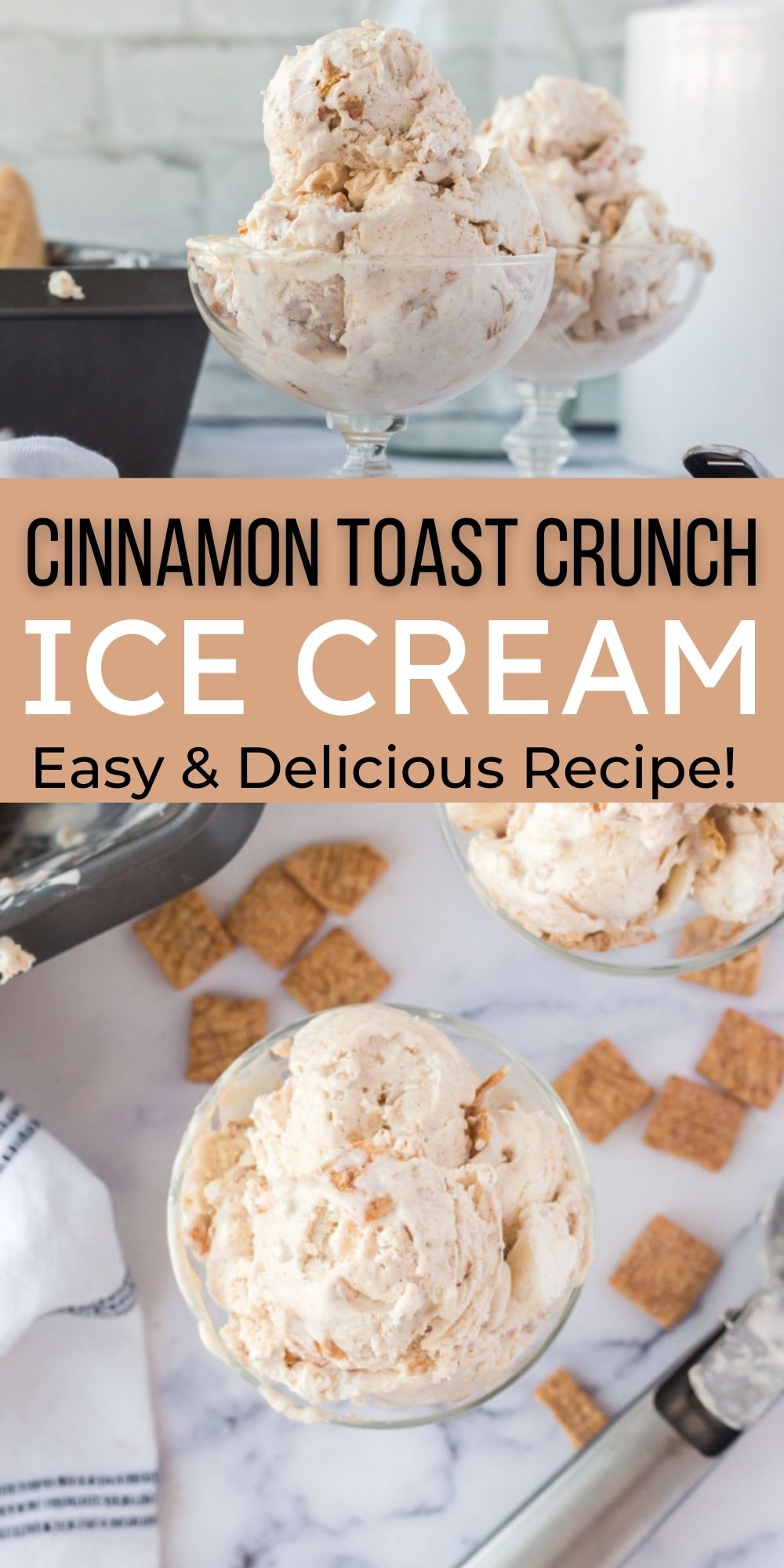 This Cinnamon Toast Crunch ice cream recipe is easy to make with cereal, heavy whipping cream and sweetened condensed milk.  You will love this easy homemade, no churn ice cream recipe that the entire family will love.  This is an easy and delicious cinnamon dessert recipe.  #dessertsonadime #icecreamrecipes #easydesserts #cinnamondesserts 
