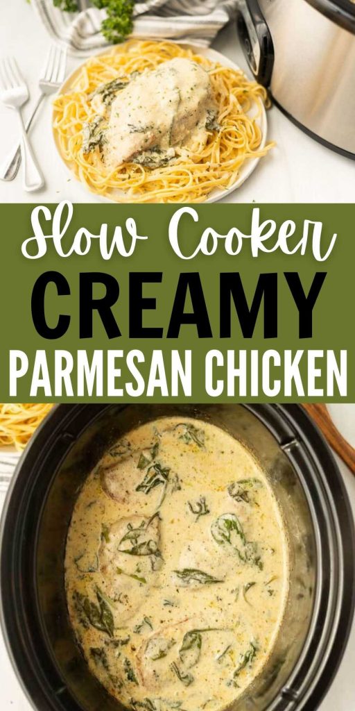 Crock Pot Creamy Parmesan Chicken Recipe is a delicious twist on classic Chicken Parmesan. The chicken is so tender with a creamy sauce. This classic creamy parmesan chicken is easy to make in a slow cooker and the entire family will love it! #eatingonadime #crockpotrecipes #slowcookerrecipes #chickenrecipes #italianrecipes 