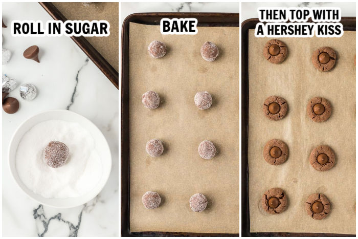 The process of rolling the cookie dough in sugar and topping with a kiss