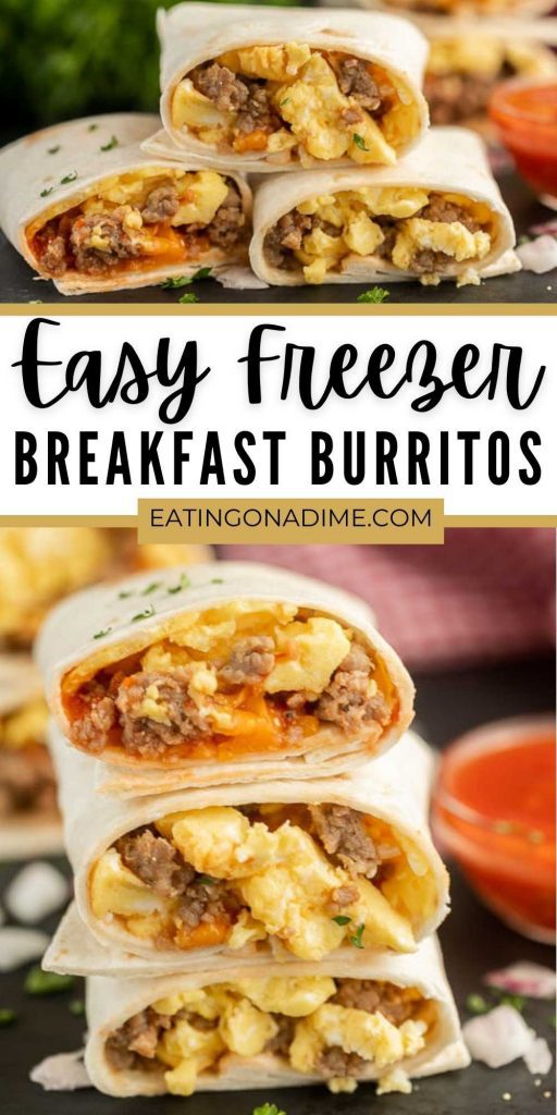 Try Freezer Breakfast Burritos Recipe for an easy breakfast on busy mornings. Loaded with eggs, cheese and more for a great breakfast.
Learn how to make these easy homemade breakfast burritos that you can easily make ahead of time for the week.  #eatingonadime #breakfastrecipes #easybreakfasts 