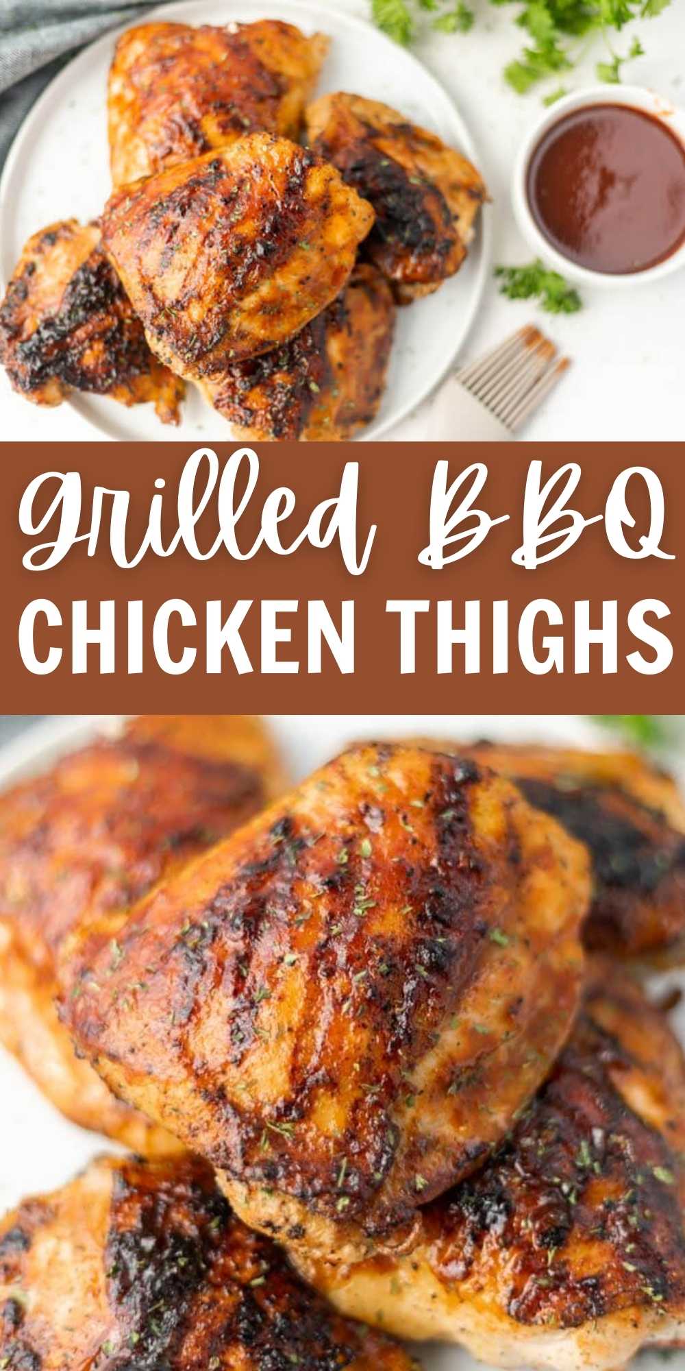 Grilled BBQ chicken thighs recipe is tender and loaded with flavor. From the BBQ sauce to the smoky flavor, this recipe does not disappoint. Learn how to grill bone in chicken thighs that are easy and perfect every time. #eatingonadime #grillingrecipes #chickenrecipes #BBQrecipes 
