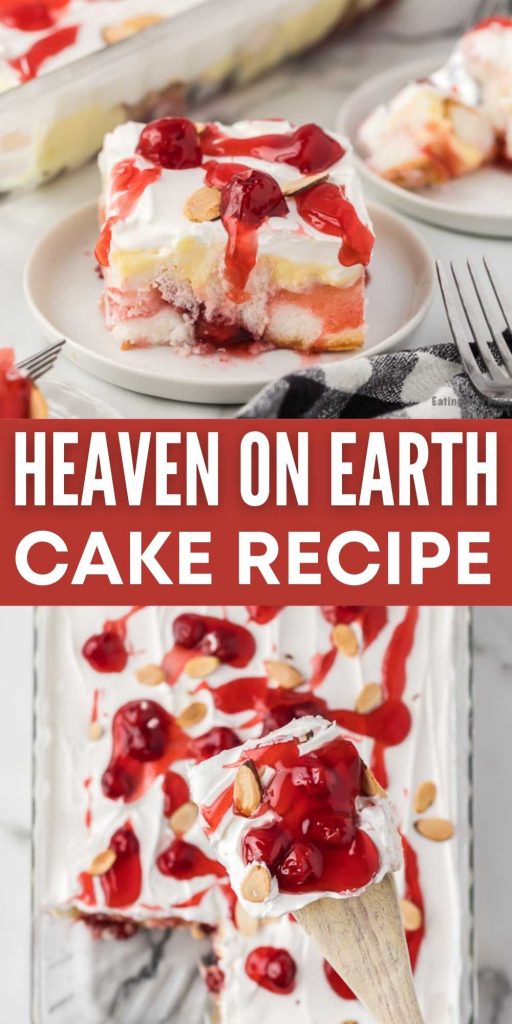 Heaven on earth cake is packed with cherries, pudding and angel food cake for an amazing dessert. It comes together for a delicious cake. You will love this super easy cake recipe that the entire family loves too. #eatingonadime #cakerecipes #cherryrecipes 