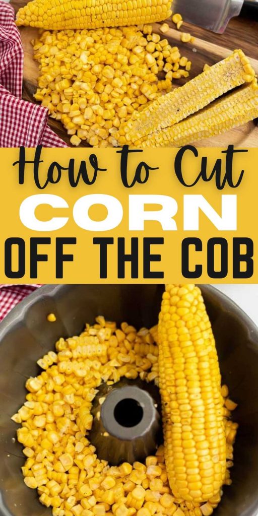 Check out this quick and easy hack to cut corn off the cob.  This is the easiest and the best way to cut corn off the cob.  You will love this easy kitchen hack.  #eatingonadime #kitchenhacks #howto #cornonthecob 
