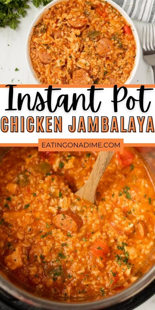 Instant Pot Jambalaya can be ready in minutes for a dinner that everyone will love. It's packed with Cajun flavor and makes an amazing meal.  This Instant Pot Chicken and Sausage Jambalaya recipe is super easy to make and delicious too! #eatingonadime #instantpotrecipes #pressurecookerrecipes #chickenrecipes #cajunrecipes 